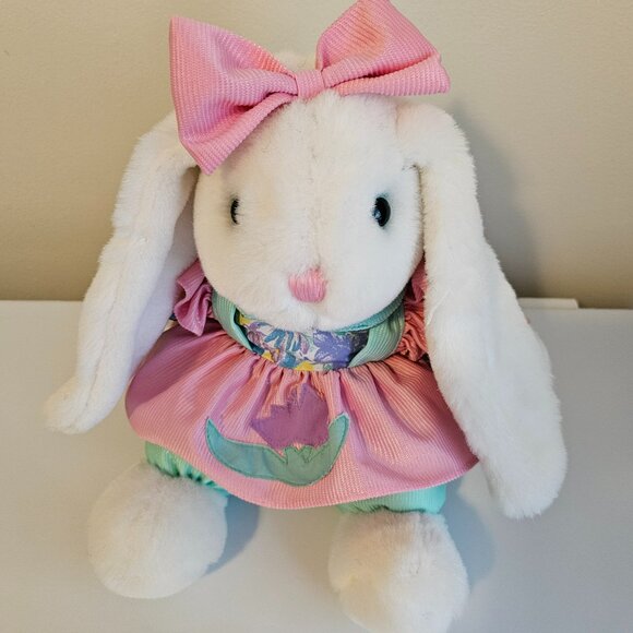 Main Joy Limited Bunny Rabbit Plush Stuffed Animal White Pink Teal Floral Vtg - Picture 2 of 10